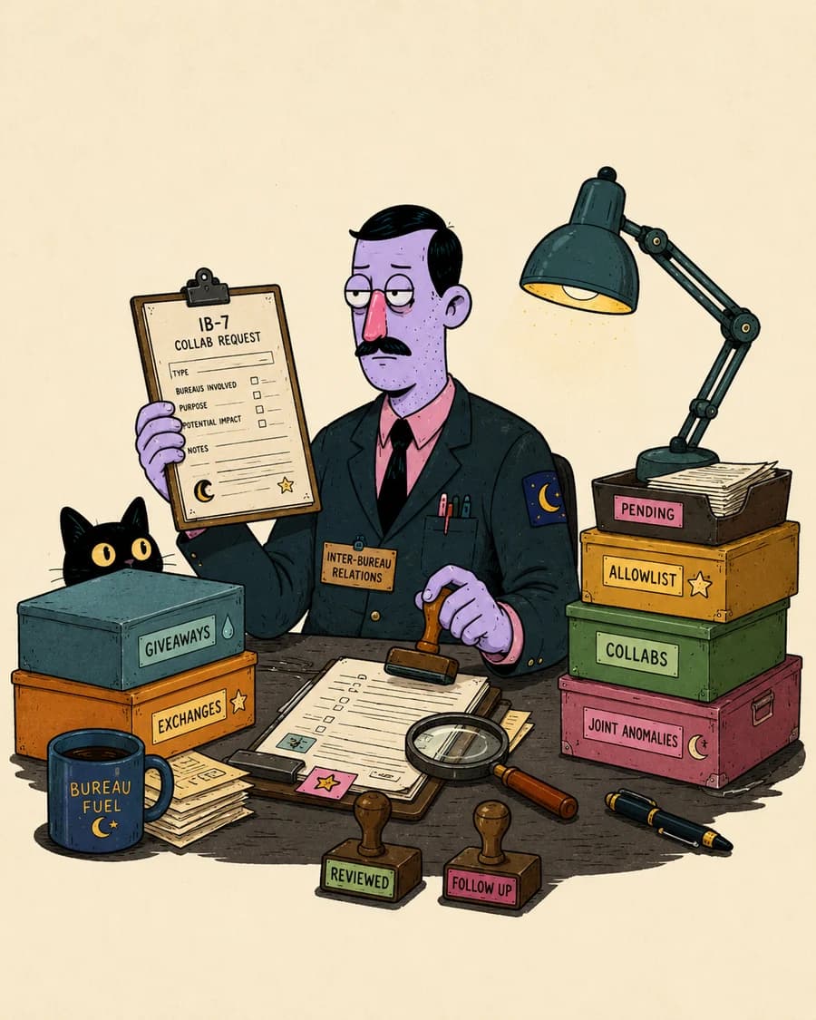 An Inter-Bureau Relations clerk reviewing an IB-7 collab request, with boxes labeled giveaways, exchanges, allowlist, collabs and joint anomalies stacked on the desk