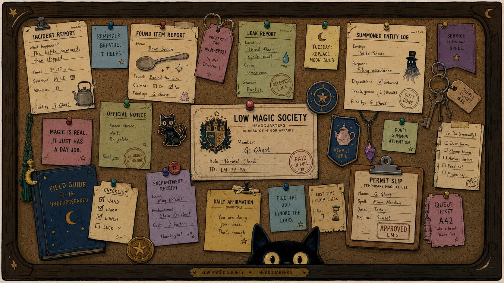 Corkboard covered in incident reports, leak reports, a summoned entity log, G. Ghost's membership card and a black cat peeking from below