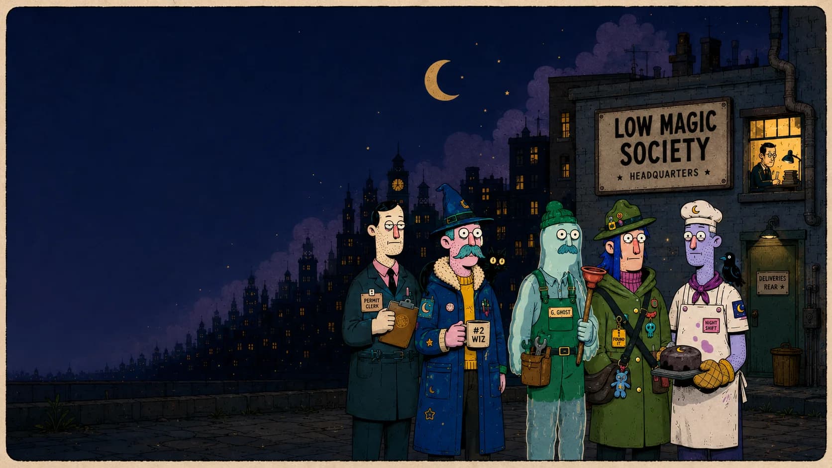 The Low Magic Society staff lined up outside headquarters at night: permit clerk, neighborhood wizard, ghost plumber, lost-and-found ranger and moonlight baker