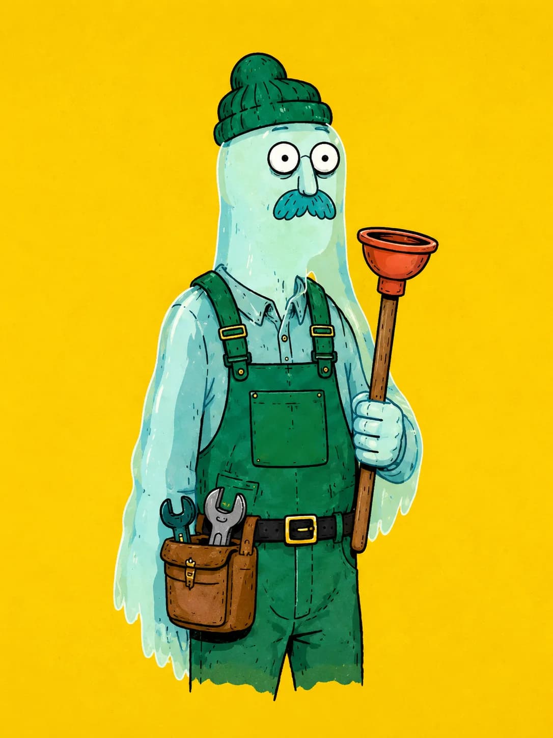 Ghost Plumber in green overalls holding a plunger, on a yellow background