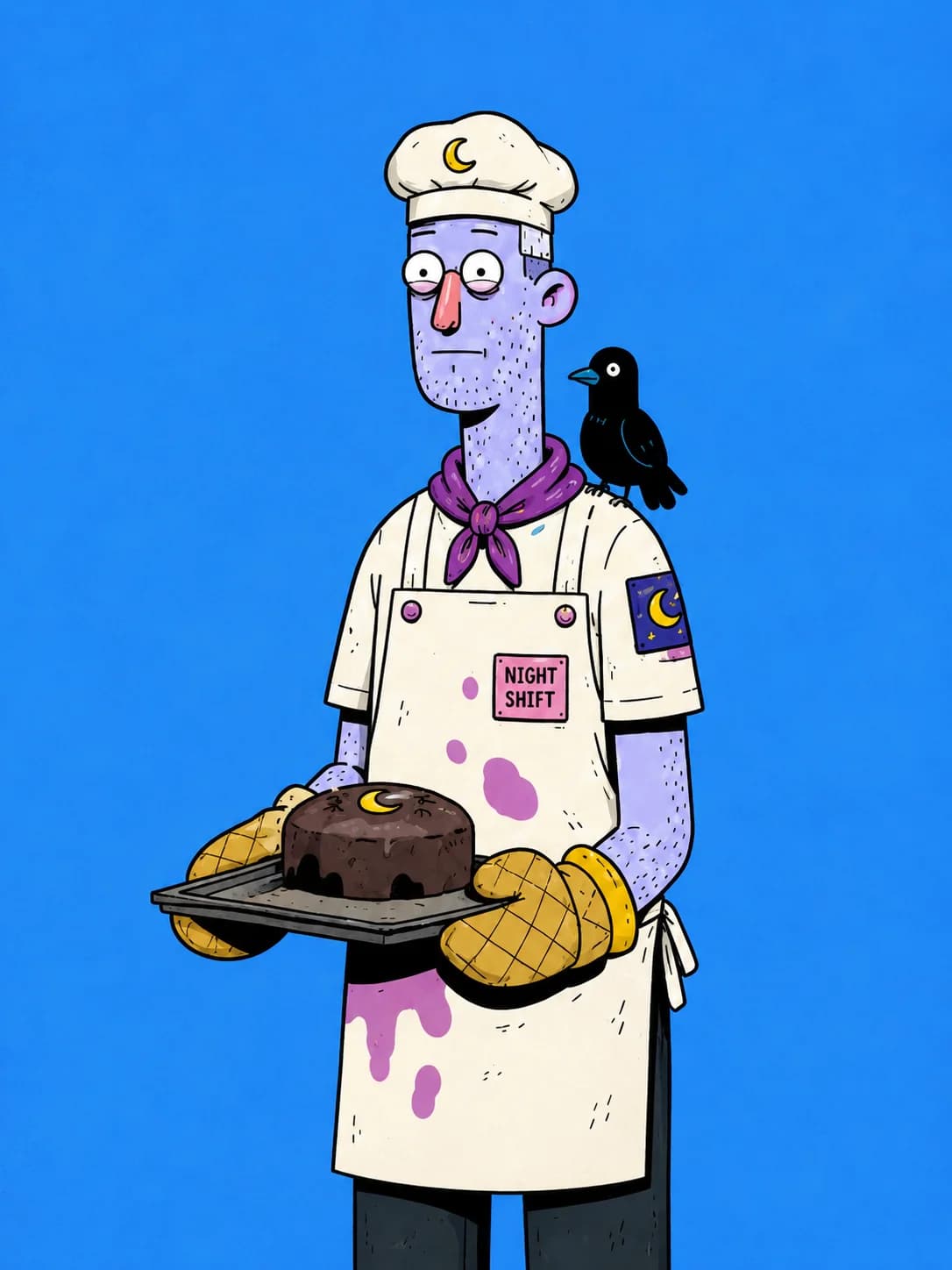 Moonlight Baker holding a fresh cake, crow on shoulder, on a blue background