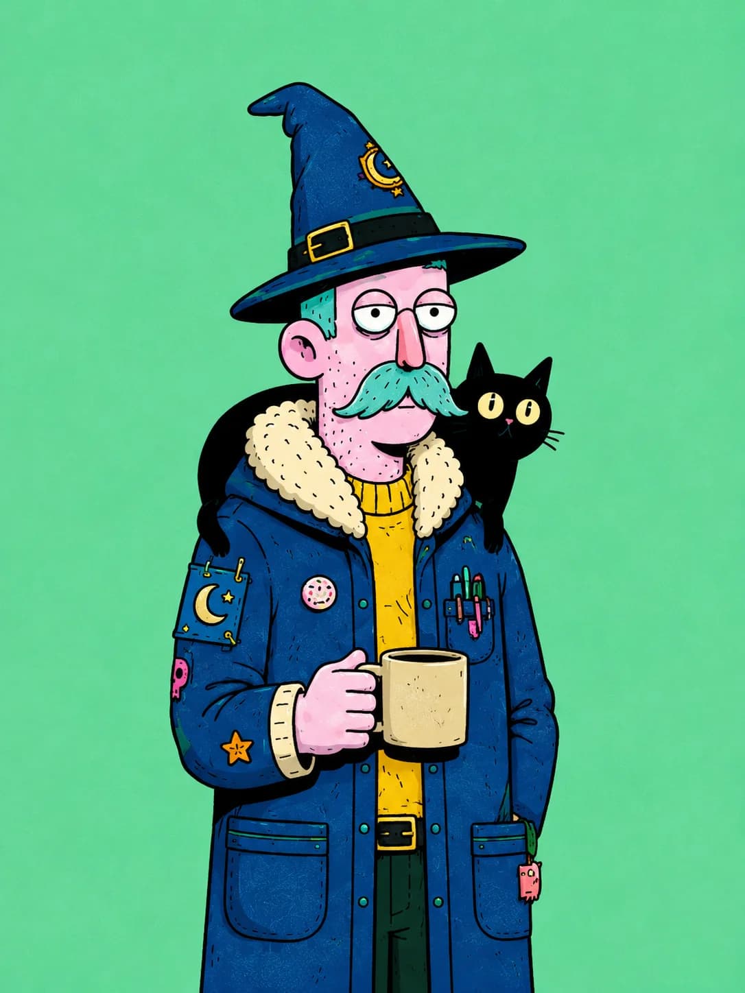 Neighborhood Wizard with a coffee mug and a black cat on his shoulder, on a green background