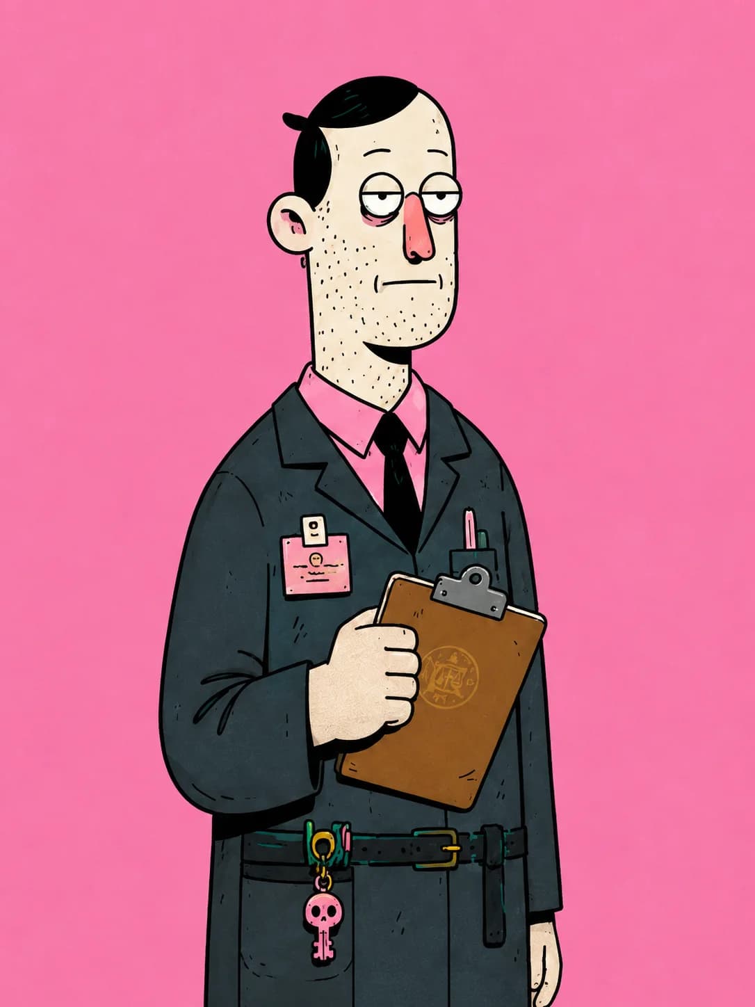 Rent-Hex Clerk holding a clipboard, looking unimpressed, on a pink background